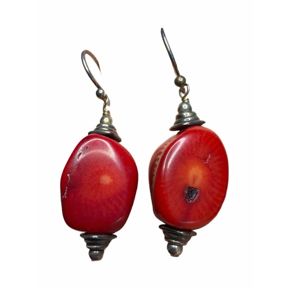 Vintage Red Coral Earrings Estate Jewelry Pre-Owned Sterling Silver Dangle